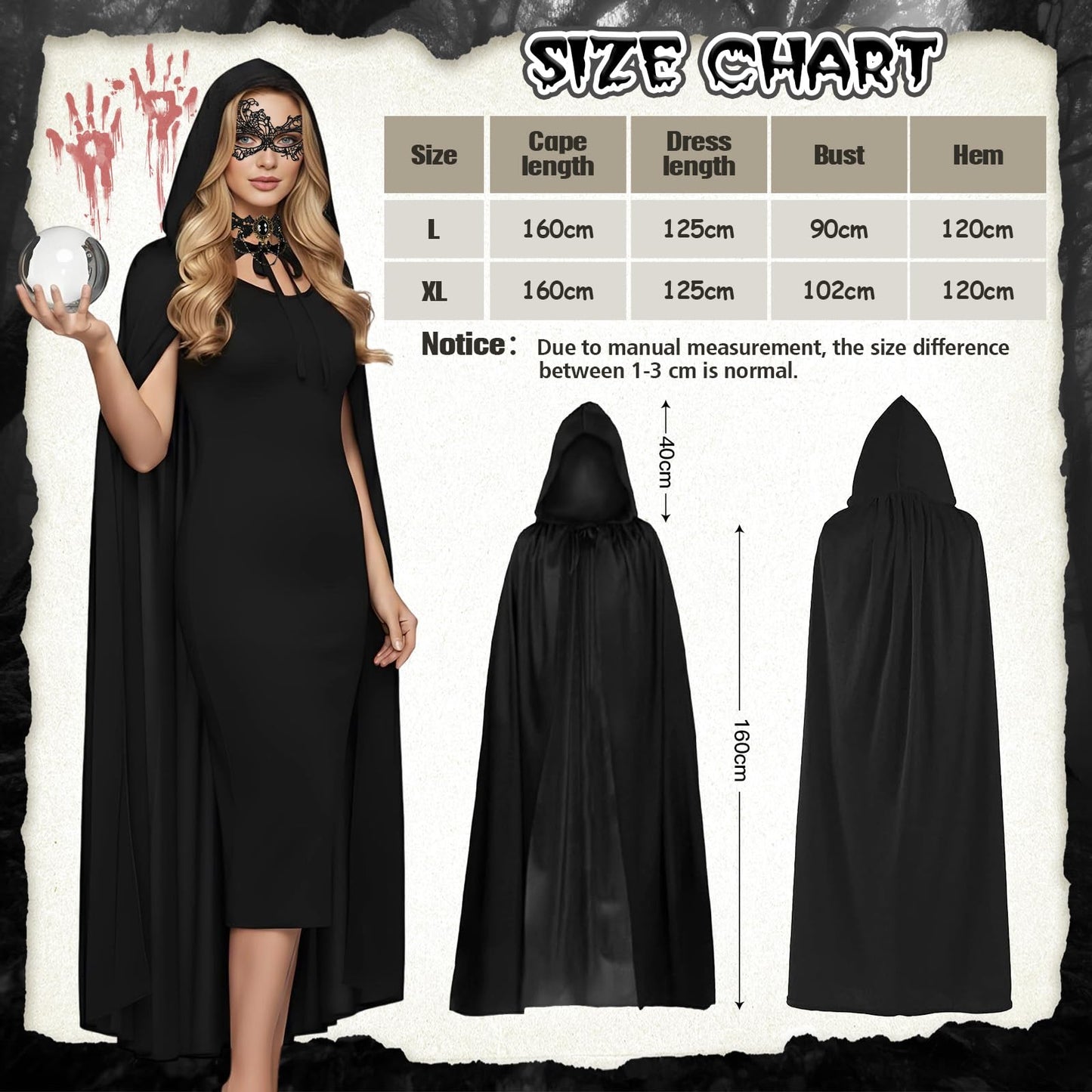 Disfraz de Bruja Halloween Mujer, Disfraz de Bruja Negro Capa con Capucha y Vestido Adulto, Capucha Máscara encaje y collar, Disfra Brujas Capa para Mujer Halloween Carnaval Cosplay Fiesta L