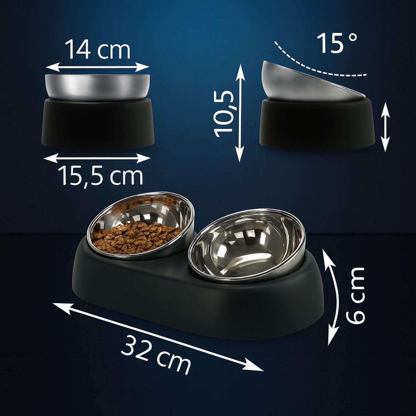 KRAMELÓT Twin Bowl | Comedero - Bebedero para Perro y Gato | Elevado e Inclinado para Mejorar Digestiones | Antivómitos | Cuencos de Acero INOX 304 | Incluye Toalla de Regalo