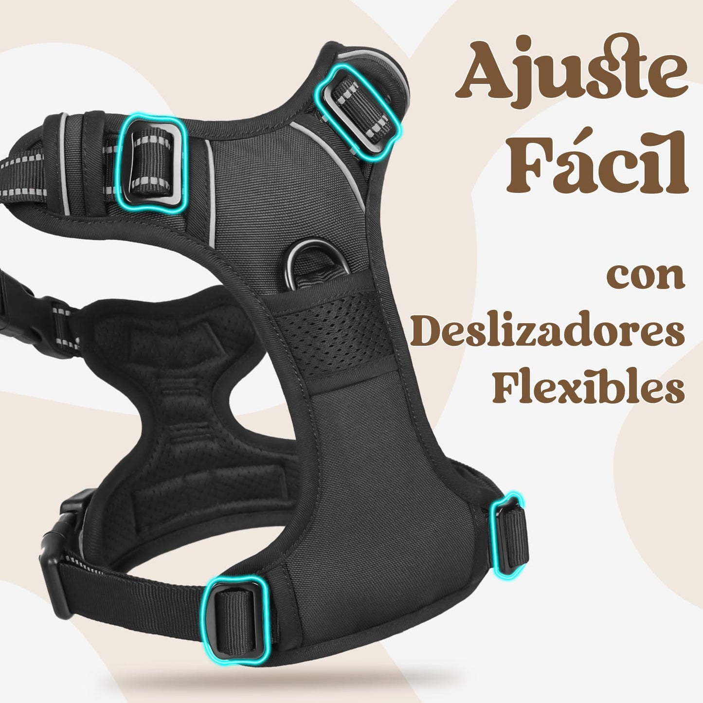 rabbitgoo Arnes Perro Mediano con 3 Hebillas, Liberacion del Cuello, Arnes Perro Ajustable con Asa y Clip Frontal, Arnés Antitirones para Perros Reflectante para Adiestramiento Correr, Negro, L