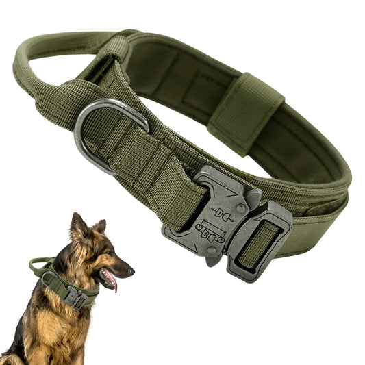 Collares Tácticos para Perros, Ajustable Collar de Nailon con Hebilla de Metal, Antidesgaste Tácticos al Aire Libre Collares con Mango de Control para Perros de Tamaño(L, Verde Militar)