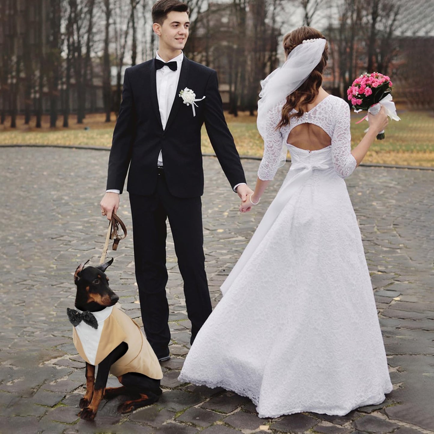 Disfraz Smoking para Perros, Traje de Esmoquin con Lazo Perros Camisa para Cachorros Traje de Perro para Boda Fiesta Ropa Navidad Perro Grande(Champán, XL)