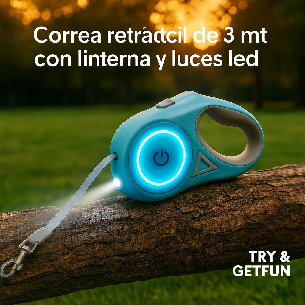 Correa Retráctil para Perro con Linterna LED – TRY & GETFUN – Extensible 3 m, hasta 50 kg, Seguridad Nocturna, Correa Perro Grande, Mediano y Pequeño