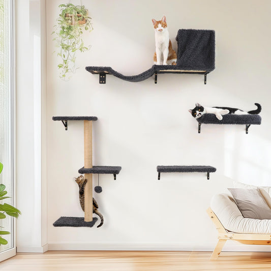 FUKUMARU Set de Pared de Escalada para Gatos, 4 Piezas - Estanterías de Pared, Hechas de Placas Multicapa Fuertes, Puente para Gatos, Árbol para Gatos, Escaleras para Gatos hasta 18 kg, Gris