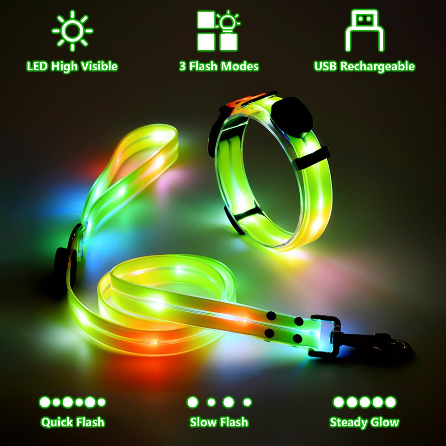 Collar Luminoso Perro de Mascota, Collar Perro Luz Impermeable con 3 Modos de Luz, Correa para Perros 1.2m, Collar Correa Perro LED Recargable por USB Tamaño Ajustable, para Perros Pequeños Medianos