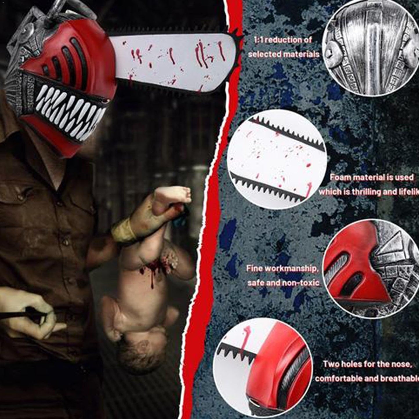 Máscaras de hombre de motosierra, cubierta facial de motosierra de anime, cubierta de cara de mascarada, máscara de látex para motosierra, elegante máscara de Halloween, para carnaval, bailes de