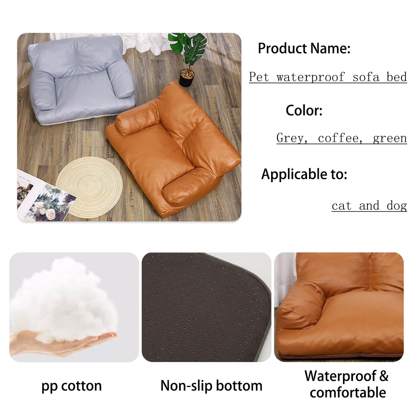 Cama impermeable para perro, almohada gruesa, sofá cama para perros, sofá lavable para gatos con base antideslizante, soporta camas para gatos, antiansiedad, sueño profundo (gris, M-65 x 50