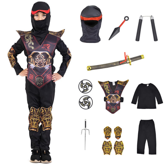 Disfraz infantil de ninja para Halloween, disfraz de dragón ninja, músculos, disfraz de carnaval (negro, 10-12 años)
