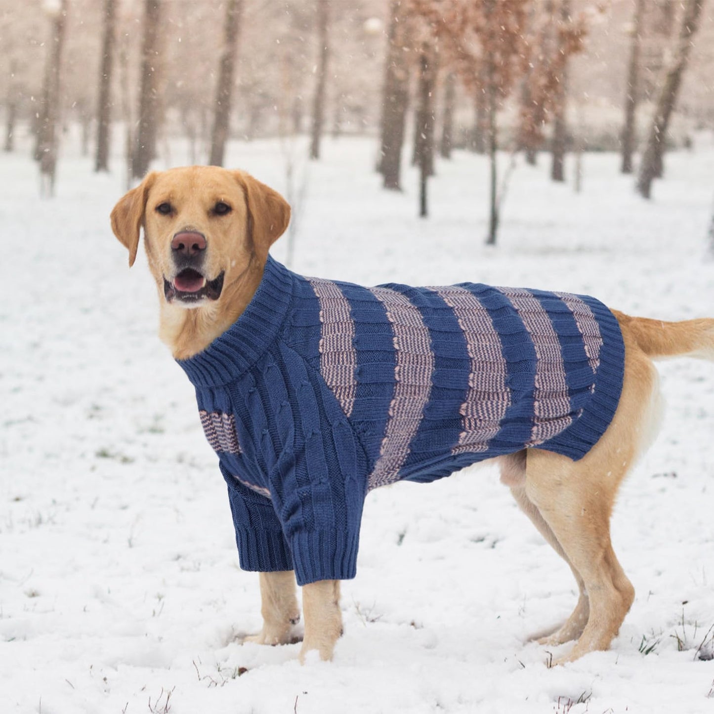 Abrigo Suéter Perro Grande, Cálido y Elástico Sueter Perro Invierno Ropa Labrador, Diseño a Rayas Jersey Punto con Agujero para Correa para Salidas Rápidas, Azul XXL