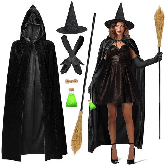 Halloween Disfraz Mujer Sombrero De Bruja Capa 170 cm Escoba Guantes Bruja Para Botella Poción Halloween Disfraz Fiesta Temática Disfraces Diablo Mujer