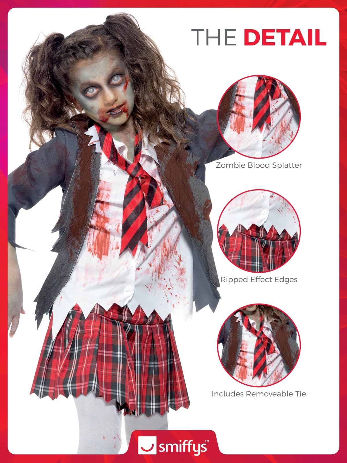 Smiffys Disfraz de colegiala zombi, Gris, con falda, chaqueta, falsa camisa y corbata