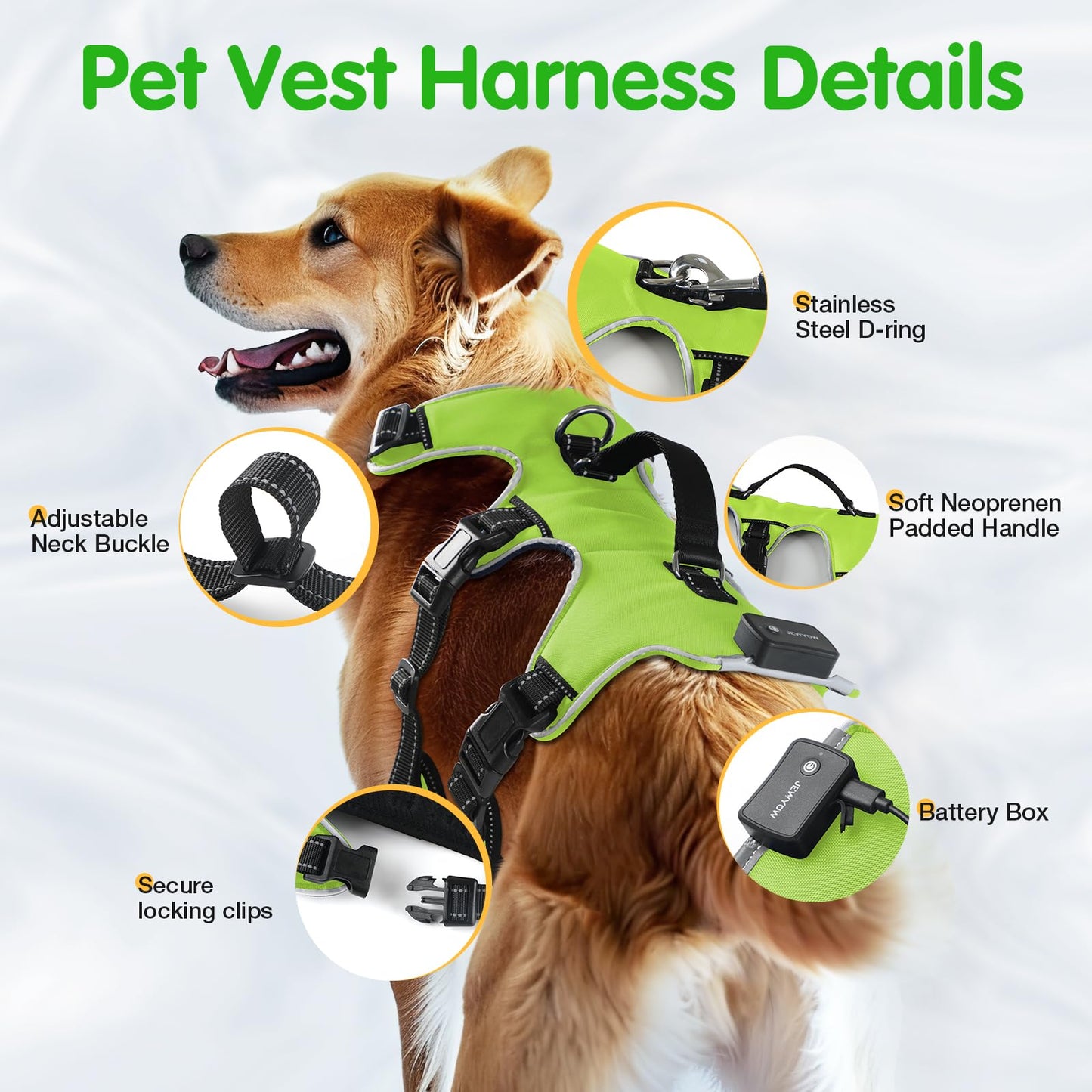 Arnés Recargable para Perro Iluminado, Arnés de 3 Puntos para Perros Medianos y Grandes, Recargable con 4 Correas Ajustables, 3 Modos, Impermeable para Caminar por la Noche, Lluvia, Verde-L