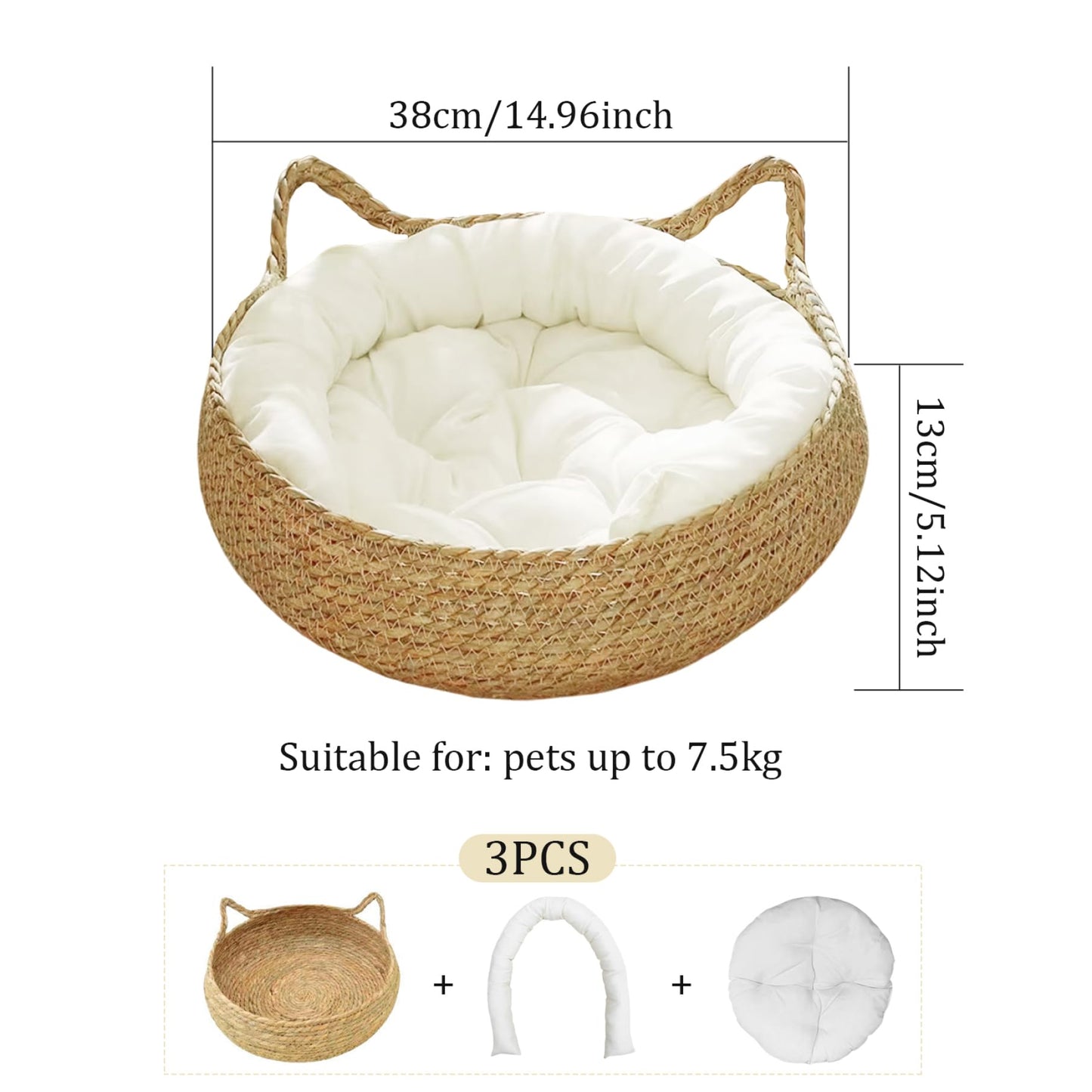 Cama de Gato, Cama de cestas de Gato Tejidas de 15 Pulgadas con cojín Suave, Nido de Cesta de Gato de Mimbre Redondo, Cama de Gatito Acogedor sin Deslizamiento para Gatos pequeños Perros