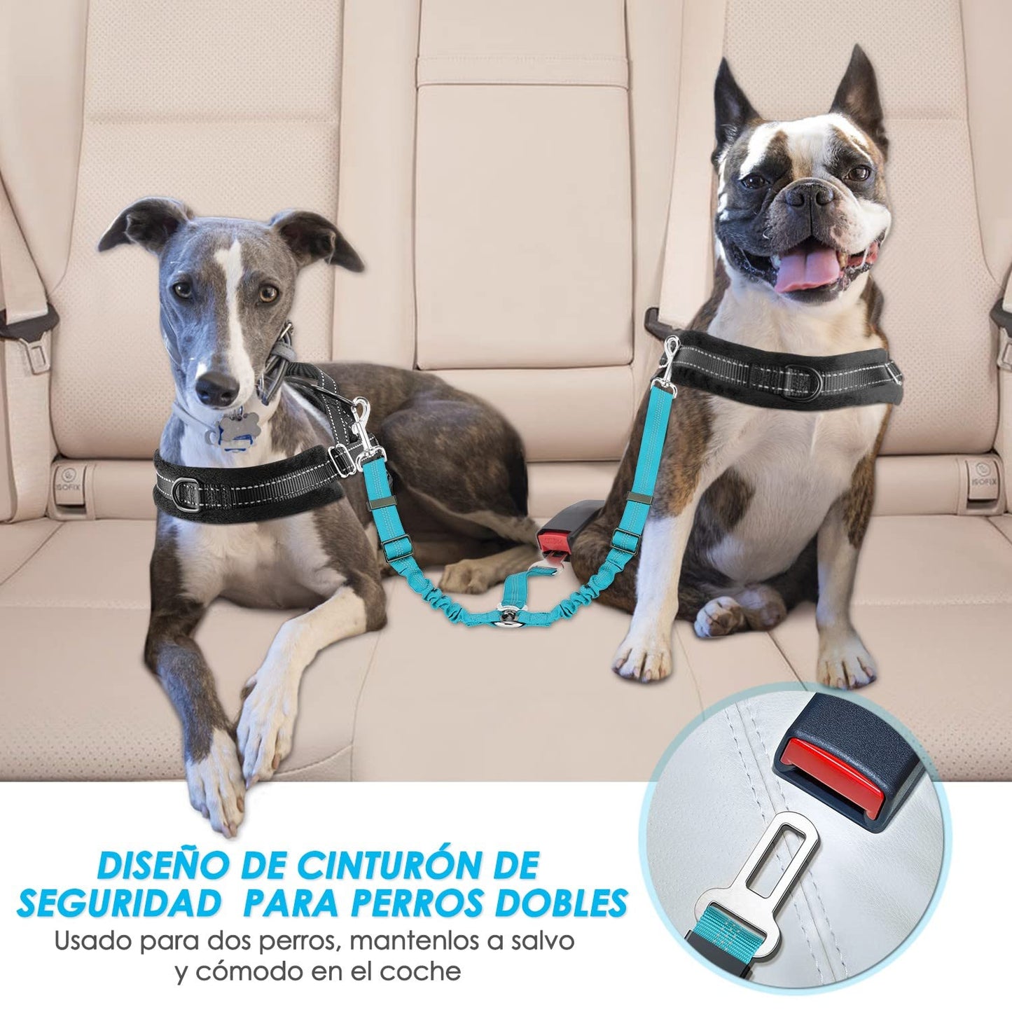 Cinturón de Seguridad Coche Perro, 2 Perros sin enredo Cinturón de Seguridad elástico Duradero para el Coche, Ajustable Reflectante Seguro Doble Perro Coche arnés Divisor para Viajar