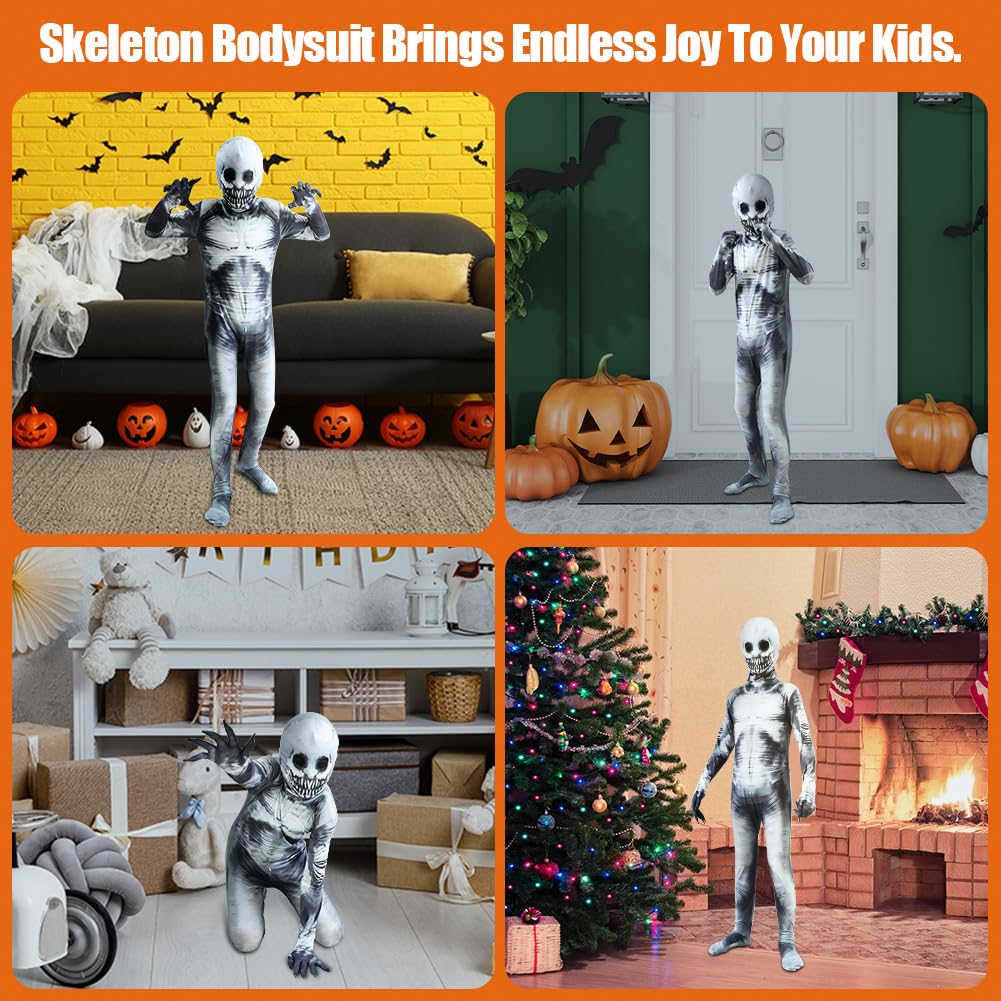 Disfraz Esqueleto Niño, Jumpsuit con Esqueleto con Máscara 3D Extraíble, Disfraz Halloween Niño, Disfraz de Esqueleto para Niños, Traje Esqueleto Niño para Halloween Carnaval Navidad, S