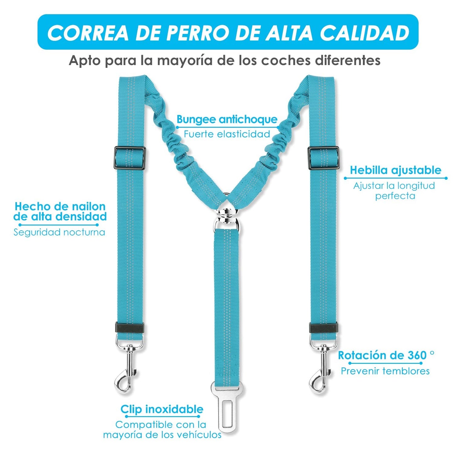 Cinturón de Seguridad Coche Perro, 2 Perros sin enredo Cinturón de Seguridad elástico Duradero para el Coche, Ajustable Reflectante Seguro Doble Perro Coche arnés Divisor para Viajar