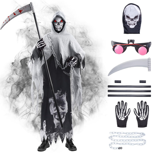 Disfraz de Parca, Muerte Niño, Halloween, Fantasma, Grim Reaper Con Sombrero, Guantes, Hoz, Guadaña para Carnaval Costume Cosplay
