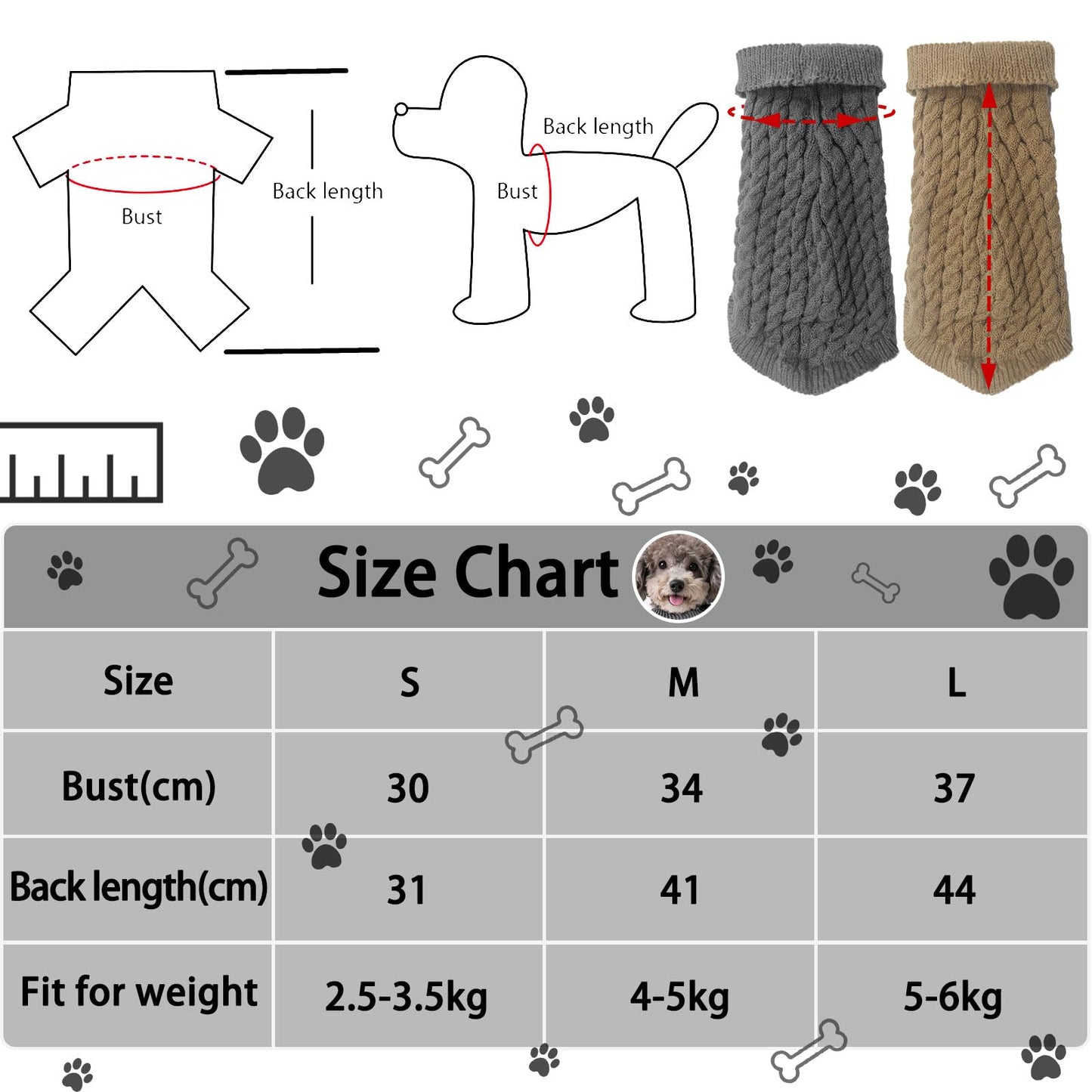 Abrigo Suéter para perros, 2 unidades, cuello alto, jersey de punto de invierno, cálido, suave, elástico, ropa para perros pequeños, medianos y grandes, cachorros, gatos, juego en gris y marrón (M)