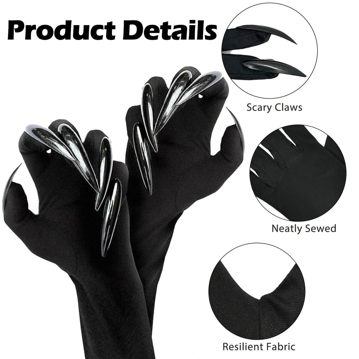 Disfraz 1 Pares Guantes Uñas Largas, Guantes Halloween, Guantess con Uñas Largas, Guantess Largos Negros, Guante Negros Largos Mujer, Guante Garras para Halloween, Cosplay, Carnaval, Mascarada