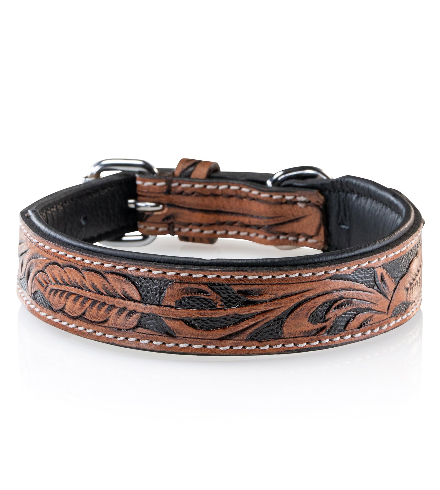 Collar de perro de cuero tallado a mano y acolchado – Collar de piel de búfalo para perros Solitaire (L/40-49,5)