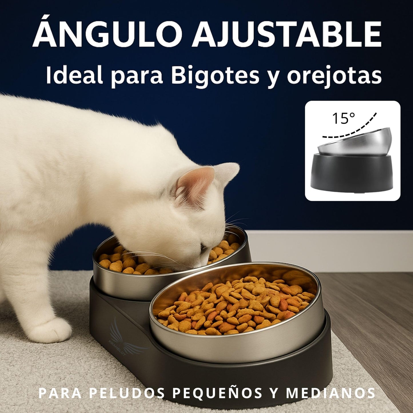 KRAMELÓT Twin Bowl | Comedero - Bebedero para Perro y Gato | Elevado e Inclinado para Mejorar Digestiones | Antivómitos | Cuencos de Acero INOX 304 | Incluye Toalla de Regalo