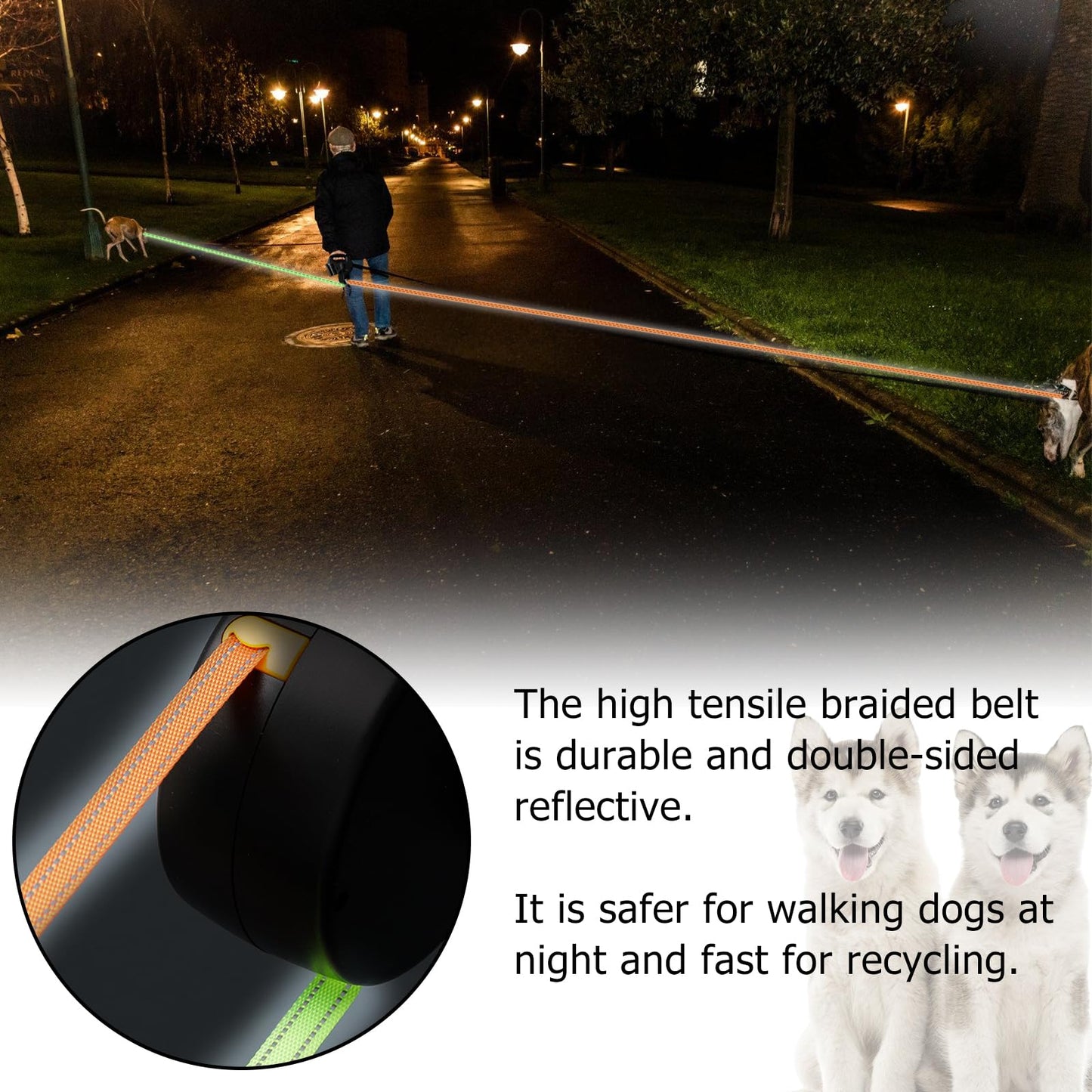Correa Perro Extensible, Correas Flexi 3M Correa Doble Retráctil para Perro, Correa Extensible Perro Pequeño, con Linterna LED, Asa Ergonómica de Goma, para Perro Grande Mediano y Pequeño, hasta 30KG
