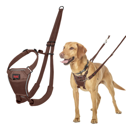Arnés anti tirones HALTI - Para evitar que tu perro tire de la correa, Ajustable, Ligero y Fácil de Usar. Reflexiva Adiestramiento canino Arnés para perros medianos (Talla M, Nogal Intenso)
