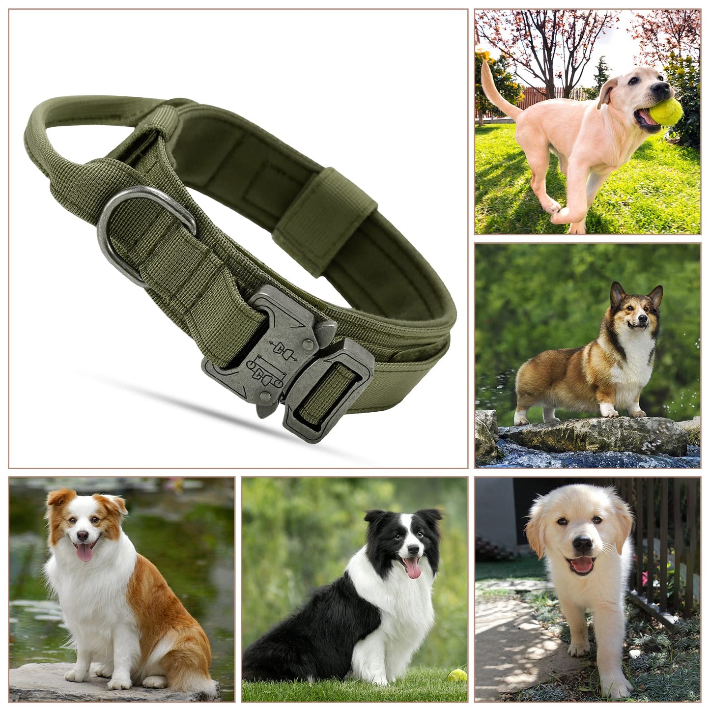 Collares Tácticos para Perros, Ajustable Collar de Nailon con Hebilla de Metal, Antidesgaste Tácticos al Aire Libre Collares con Mango de Control para Perros de Tamaño(L, Verde Militar)