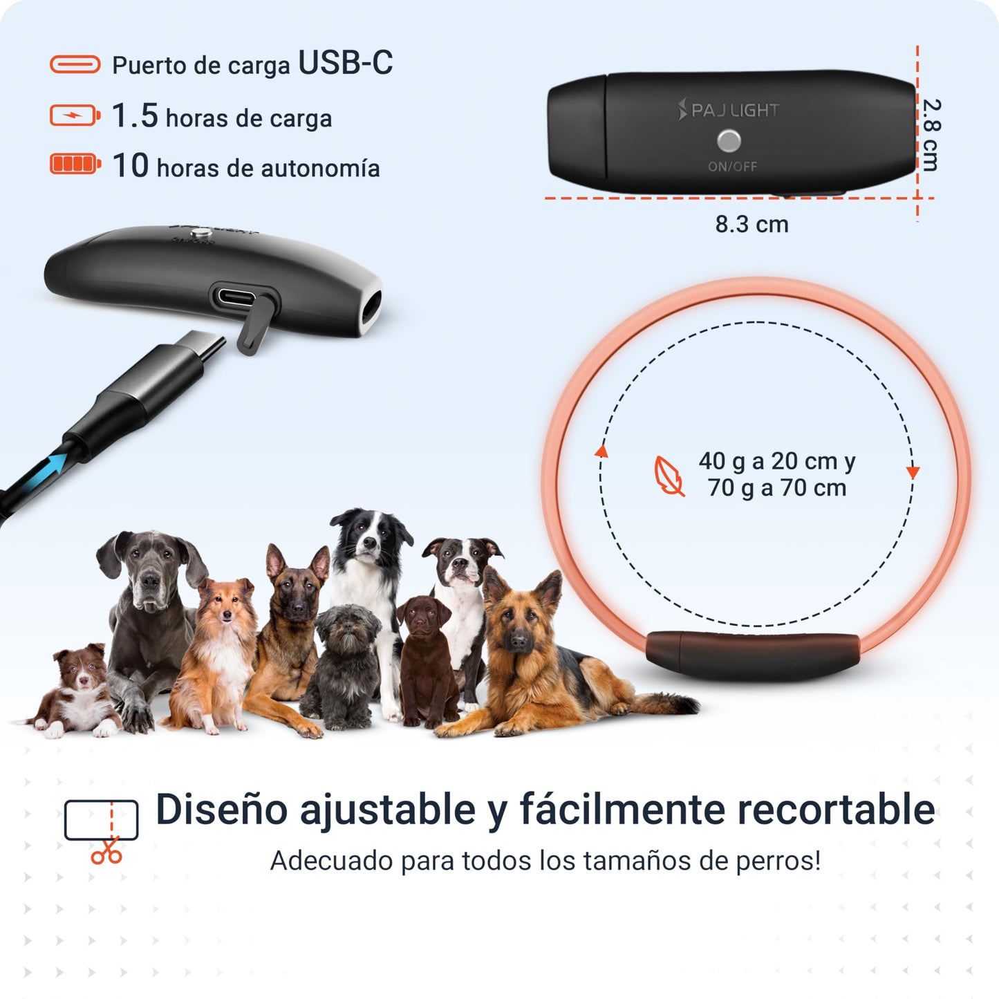 Collar Luminoso de Alta Intensidad para Perros de Todos los tamaños - Longitud Ajustable 20-70cm - 100% Impermeable - 7 Colores - Máxima Visibilidad y Seguridad Nocturna