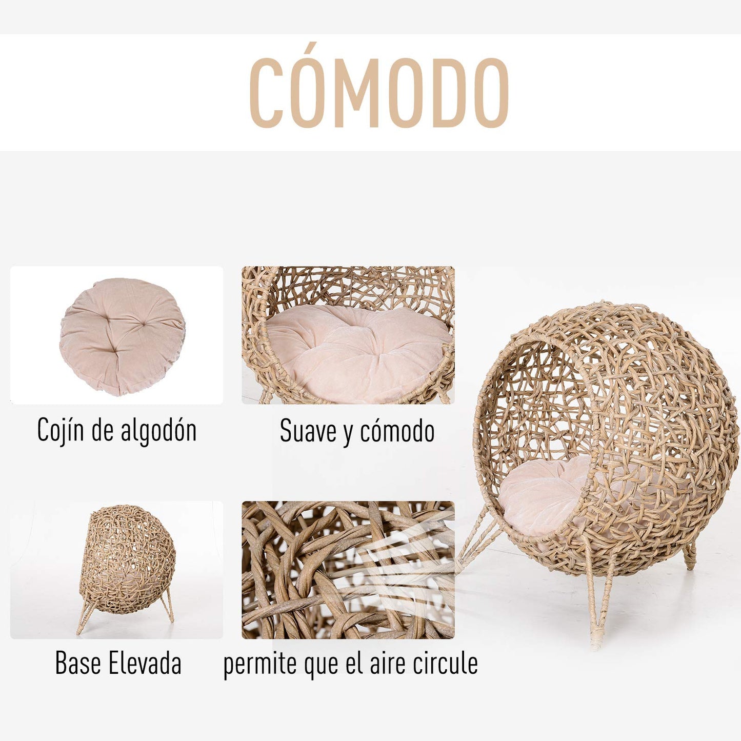 Cama Cueva de Ratán para Gatos o Mascotas Pequeña con Base Trípode Cojín de Felpa y Algodón Suave Diseño Elevado Estable Φ52x58 cm Madera Natural