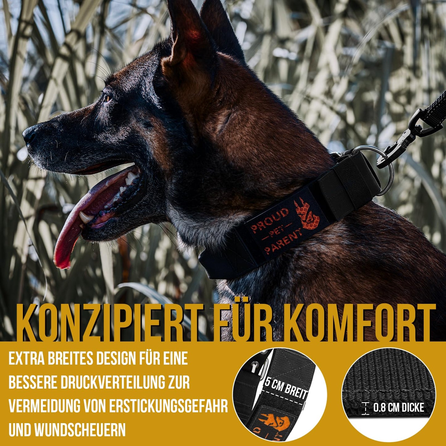 Collar de perro de 5 cm de ancho con asa y parche para perros grandes, negro, L