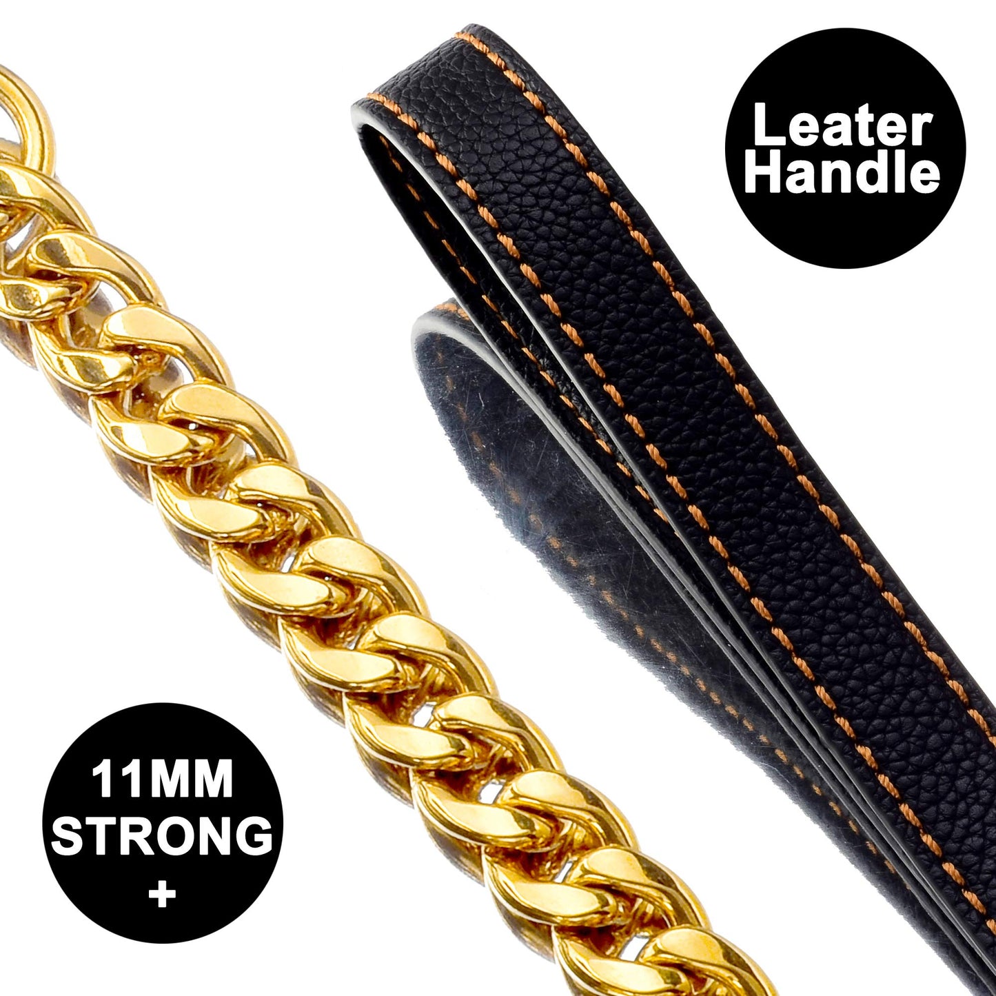W/W Lifetime Correa de metal a prueba de masticación, mango de cuero de 11 mm, oro de 18 quilates, cadena resistente para mascotas, con asa acolchada para perros grandes, medianos y pequeños (longitud