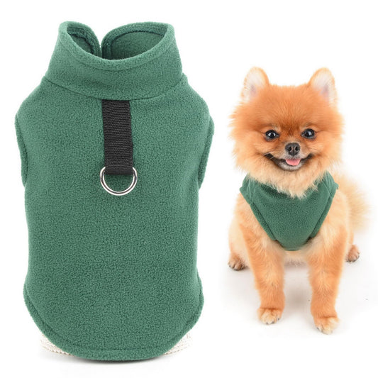 Abrigo Jersey de forro polar de color sólido con anillo para correa para perros pequeños, gatos, niños y niñas, Yorkshire, chihuahua, gatito, ropa de otoño e invierno, color verde