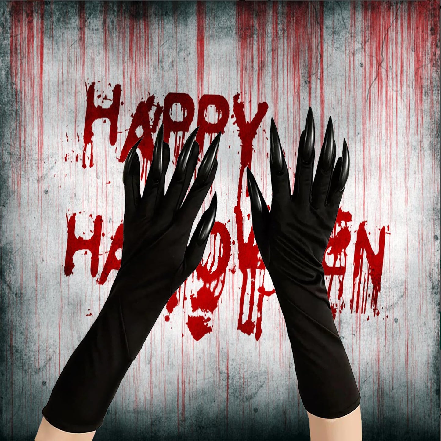 Disfraz 1 Pares Guantes Uñas Largas, Guantes Halloween, Guantess con Uñas Largas, Guantess Largos Negros, Guante Negros Largos Mujer, Guante Garras para Halloween, Cosplay, Carnaval, Mascarada