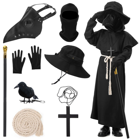 Disfraz Médico de la Peste para Niños, Medieval Plague Doctor Costume con Mascara de la Peste Negra, Disfraz de Halloween Carnaval Cosplay (150cm)