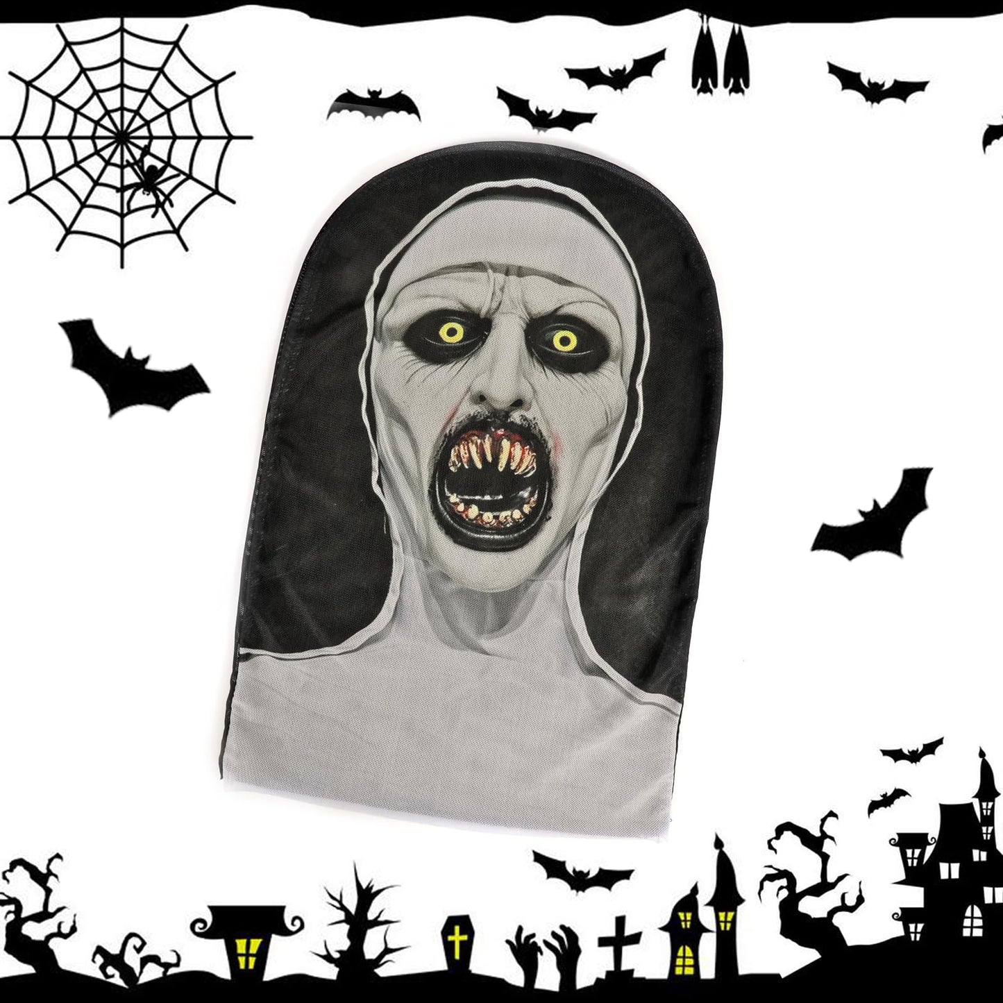 Disfraz 3Pcs Decoración de Fiestas de Halloween Máscara Horror Terror Colmillos Máscara de Monja Mask con Collar con Cruz Capa Malla Transpirable para Cosplay Disfraz Fiesta Carnaval