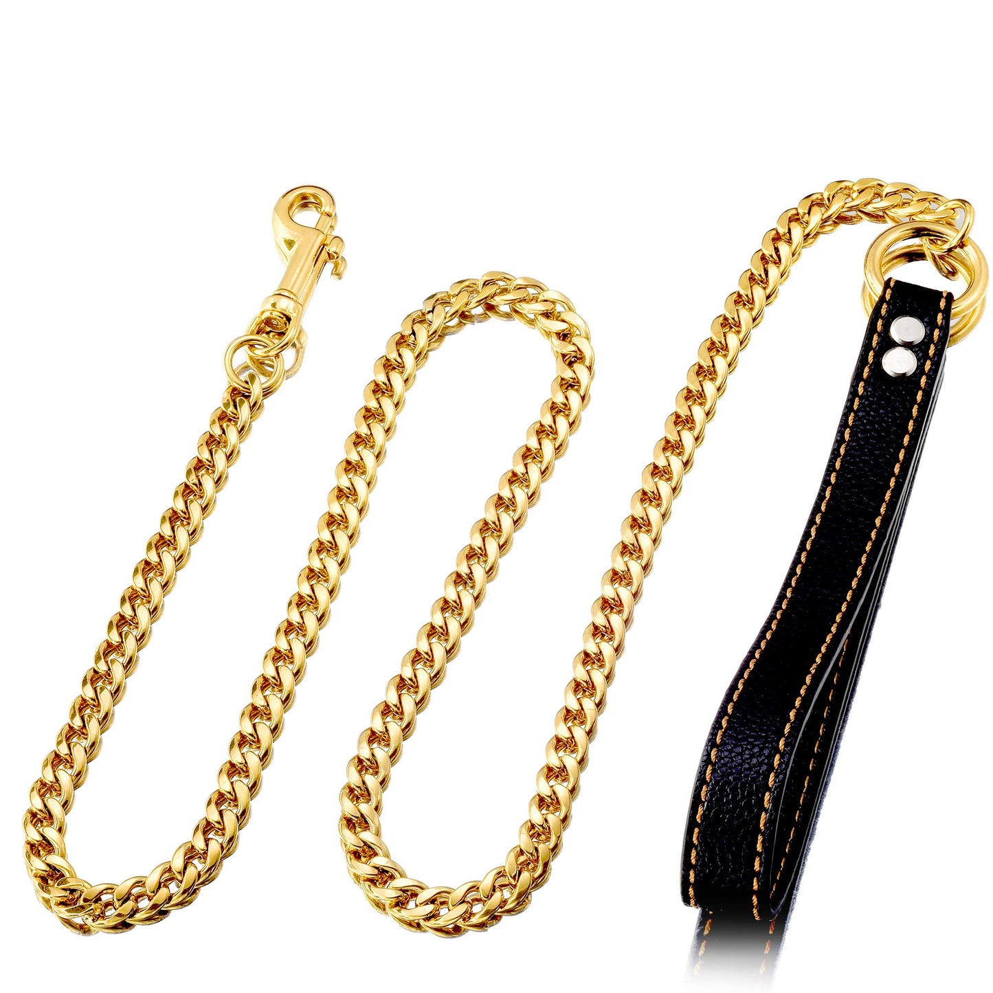 W/W Lifetime Correa de metal a prueba de masticación, mango de cuero de 11 mm, oro de 18 quilates, cadena resistente para mascotas, con asa acolchada para perros grandes, medianos y pequeños (longitud