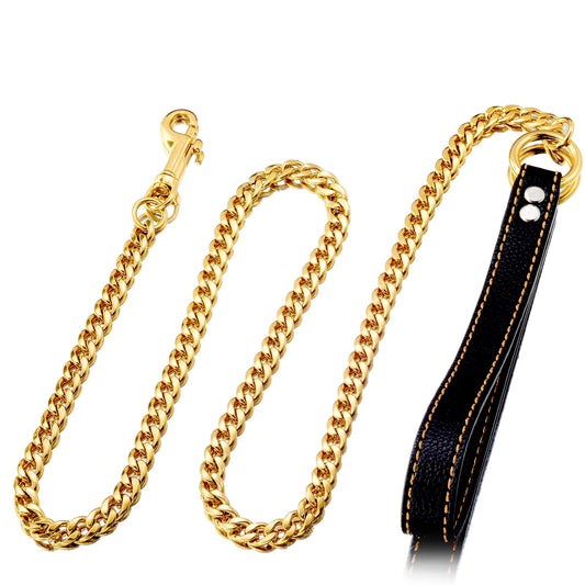 W/W Lifetime Correa de metal a prueba de masticación, mango de cuero de 11 mm, oro de 18 quilates, cadena resistente para mascotas, con asa acolchada para perros grandes, medianos y pequeños (longitud
