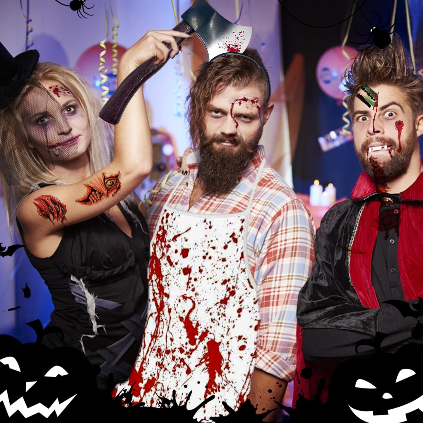 Disfraz de Carnicero de Halloween, Terror Carnicero Disfraces con Delantal Sangriento, Tocado de Hacha Sangriento, Machete, 30 Tattoo Scars Zombie para fiestas de terror de Halloween