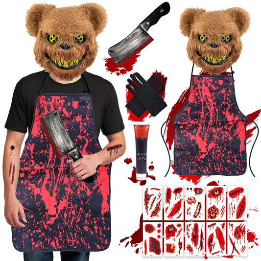 Disfraz Halloween Oso del Terror Disfraces, Disfraz de Oso de Terror, Mascara Halloween Oso, Delantal Sangriento, Sangre Falsa, Cuchillo, Guantes y Tatuaje de Cicatriz de Halloween Pegatinas