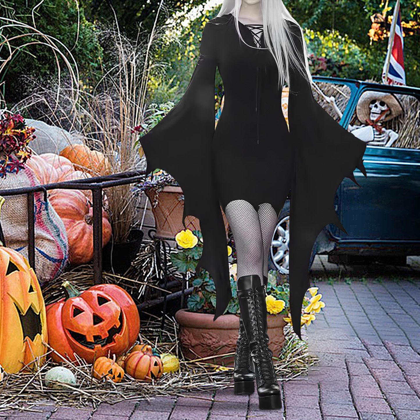 Disfraz Vestido De Murciélago Mujer,Vestido De Ala De Murciélago De Halloween, de Halloween con alas de murciélago y encaje - de disfraz de para mujer, vestido gótico con cordones y m