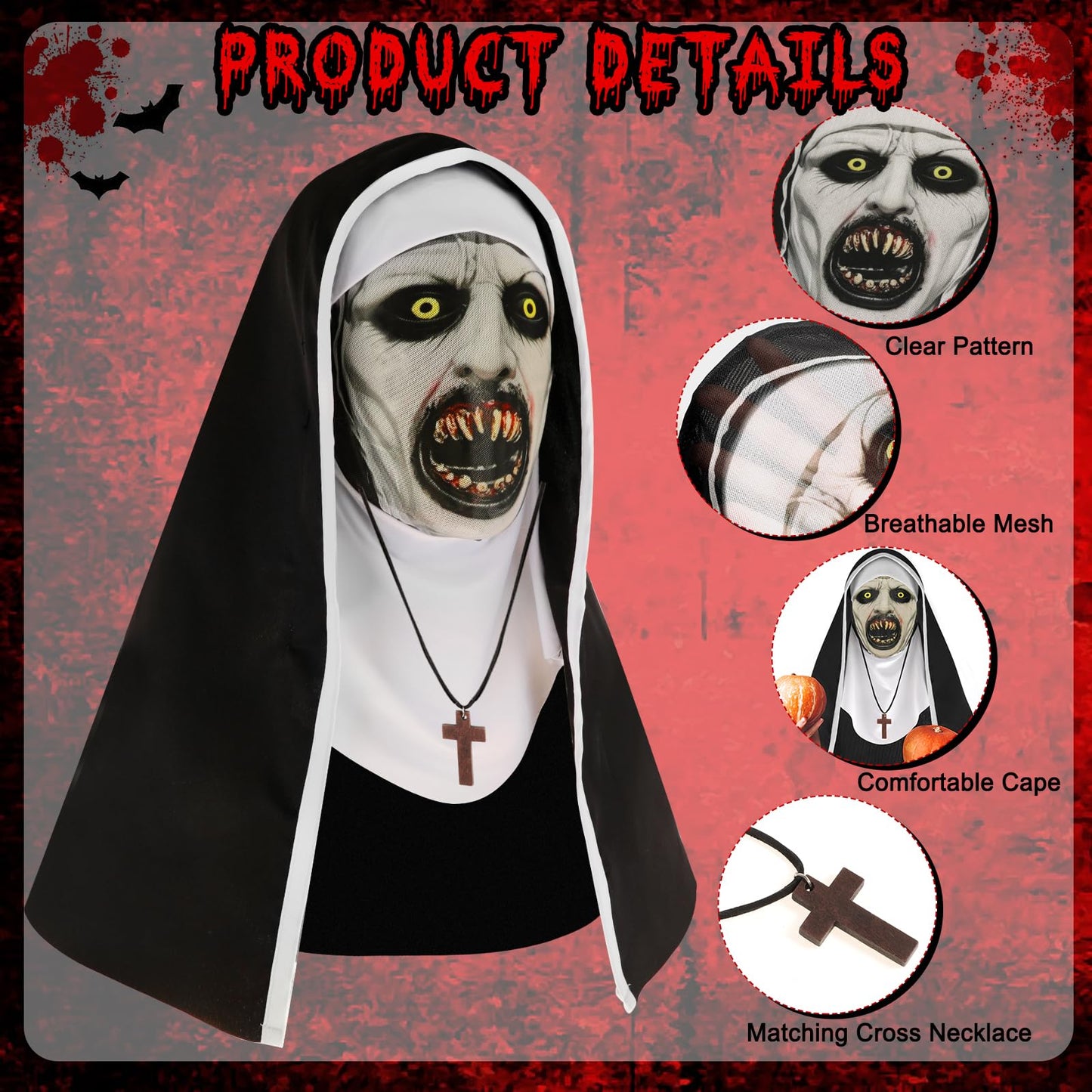 Disfraz 3Pcs Decoración de Fiestas de Halloween Máscara Horror Terror Colmillos Máscara de Monja Mask con Collar con Cruz Capa Malla Transpirable para Cosplay Disfraz Fiesta Carnaval