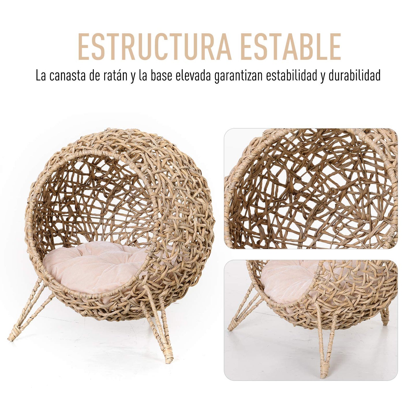 Cama Cueva de Ratán para Gatos o Mascotas Pequeña con Base Trípode Cojín de Felpa y Algodón Suave Diseño Elevado Estable Φ52x58 cm Madera Natural