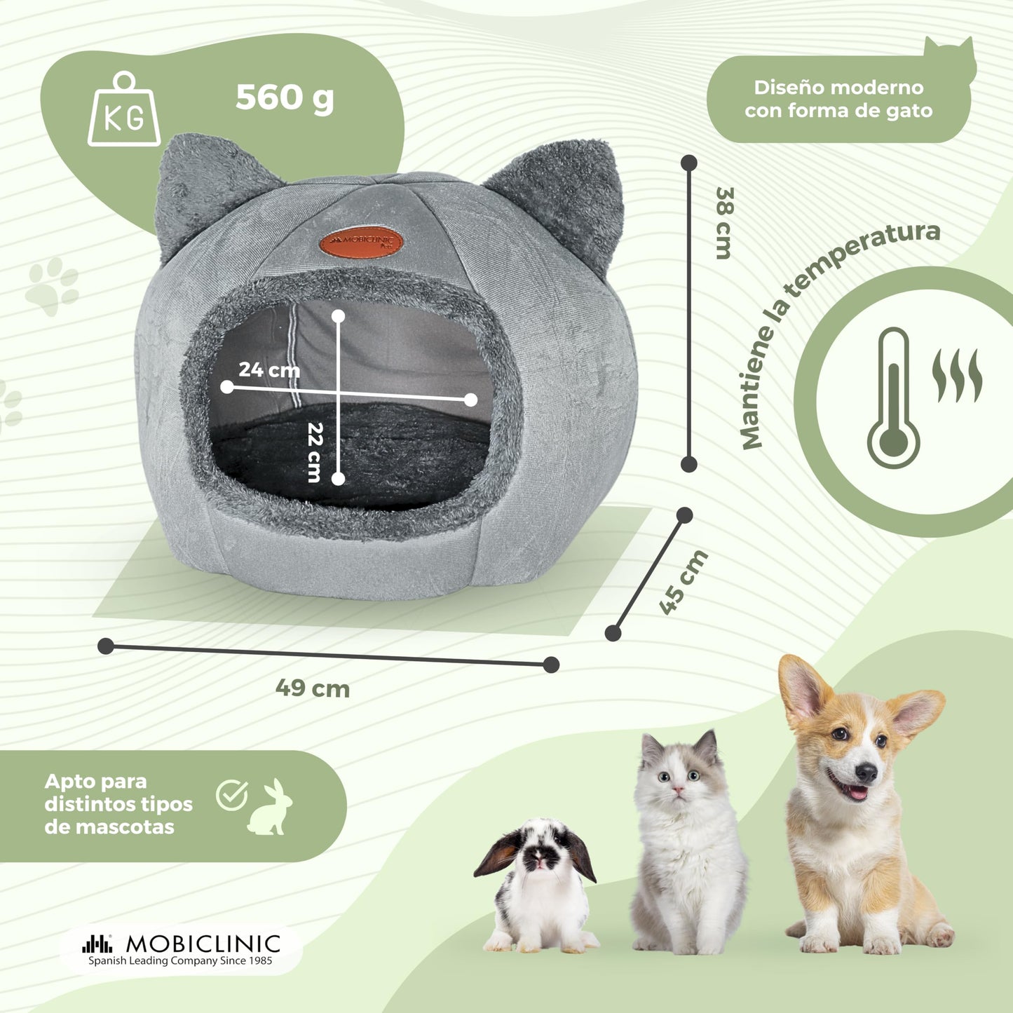 Mobiclinic® Pets, Cama para Gatos, Cueva Nido, Hellocatty, Tejido Suave, Apto Lavadora, Fácil de Plegar y almacenar, Antideslizante, Cojín Confortable extraíble, Esponja 25d, Diseño Moderno