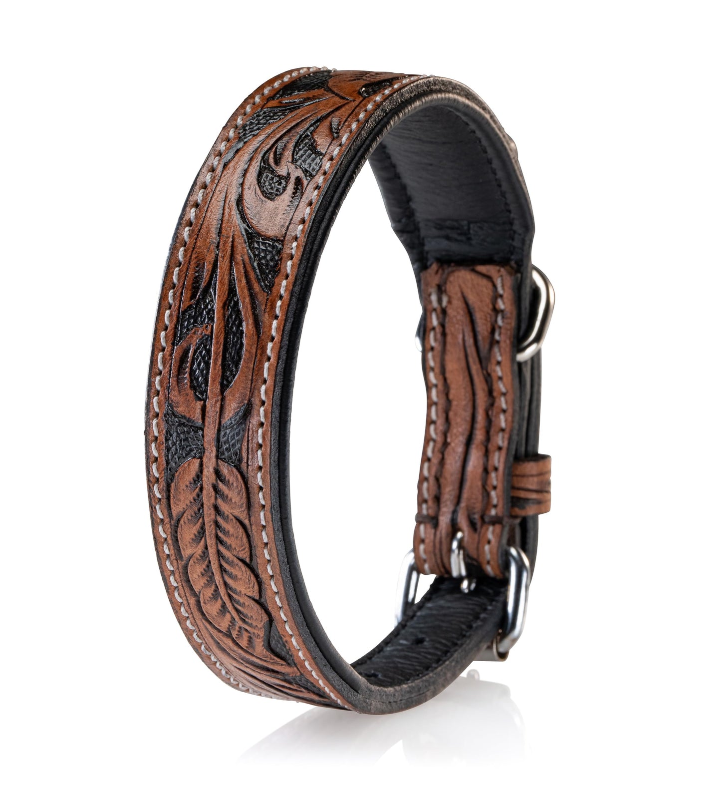 Collar de perro de cuero tallado a mano y acolchado – Collar de piel de búfalo para perros Solitaire (L/40-49,5)