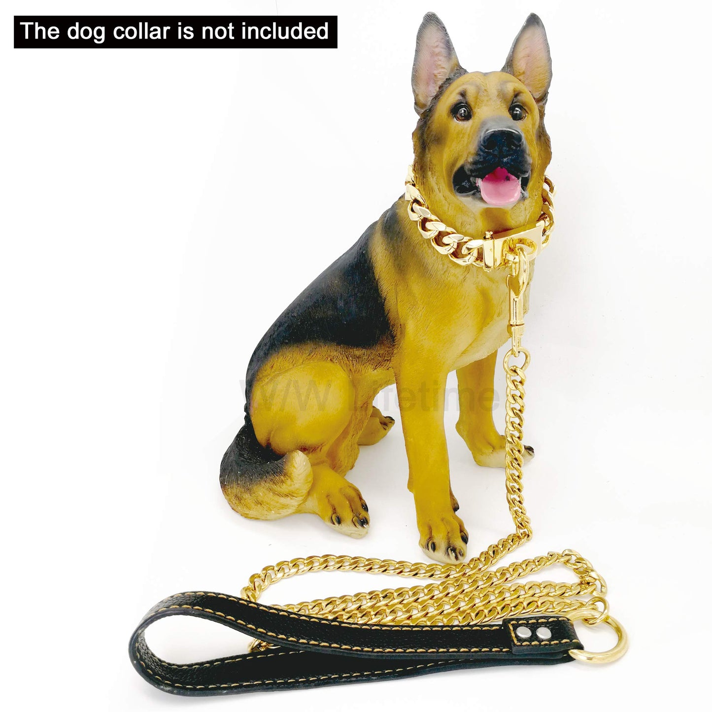 W/W Lifetime Correa de metal a prueba de masticación, mango de cuero de 11 mm, oro de 18 quilates, cadena resistente para mascotas, con asa acolchada para perros grandes, medianos y pequeños (longitud