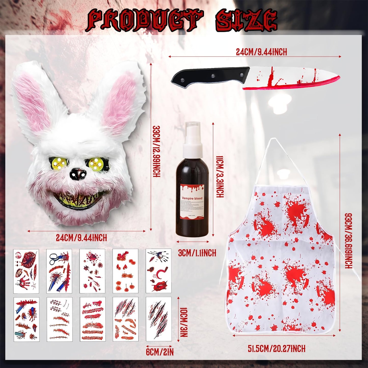 TFSZE MáScara Horror Conejo Set,Máscara de Conejo de Felpa Sangrienta con Delantal Sangriento,Pegatinas de tatuajes con cicatrices,Delantal Sangriento,para Adulto Helloween Carnaval Fiesta