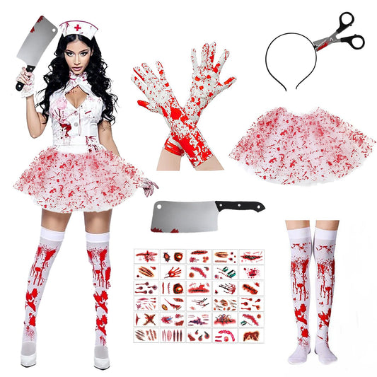 AEYAKA Disfraz de Enfermera Zombi Mujer – Falda Tutu Ensangrentada, Medias, Guantes, Diadema con Tijeras, Machete & Tatuajes – Traje de Terror para Fiesta de Halloween y Cosplay Adulto