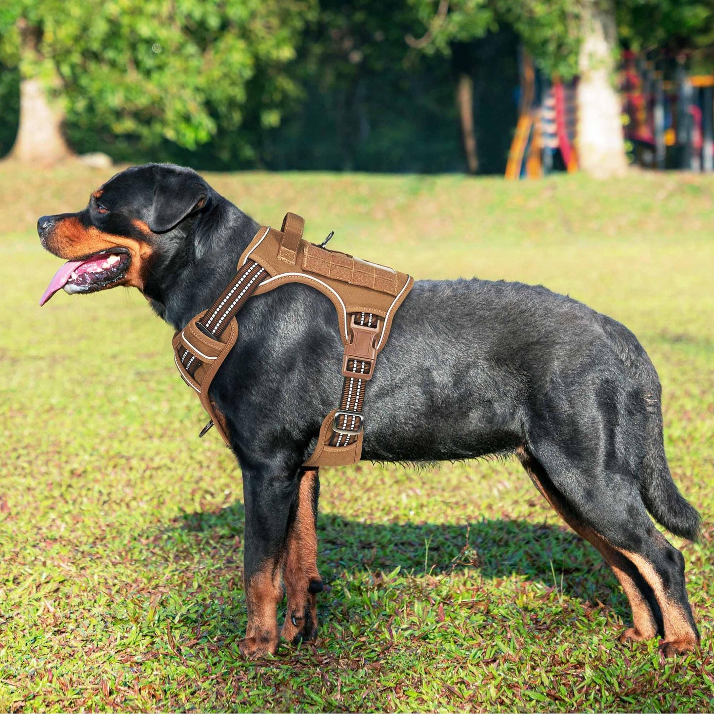 Arnés táctico resistente para perros grandes, arnés ajustable para mascotas, reflectante, de fácil control, arnés para perros de trabajo, grande, marrón