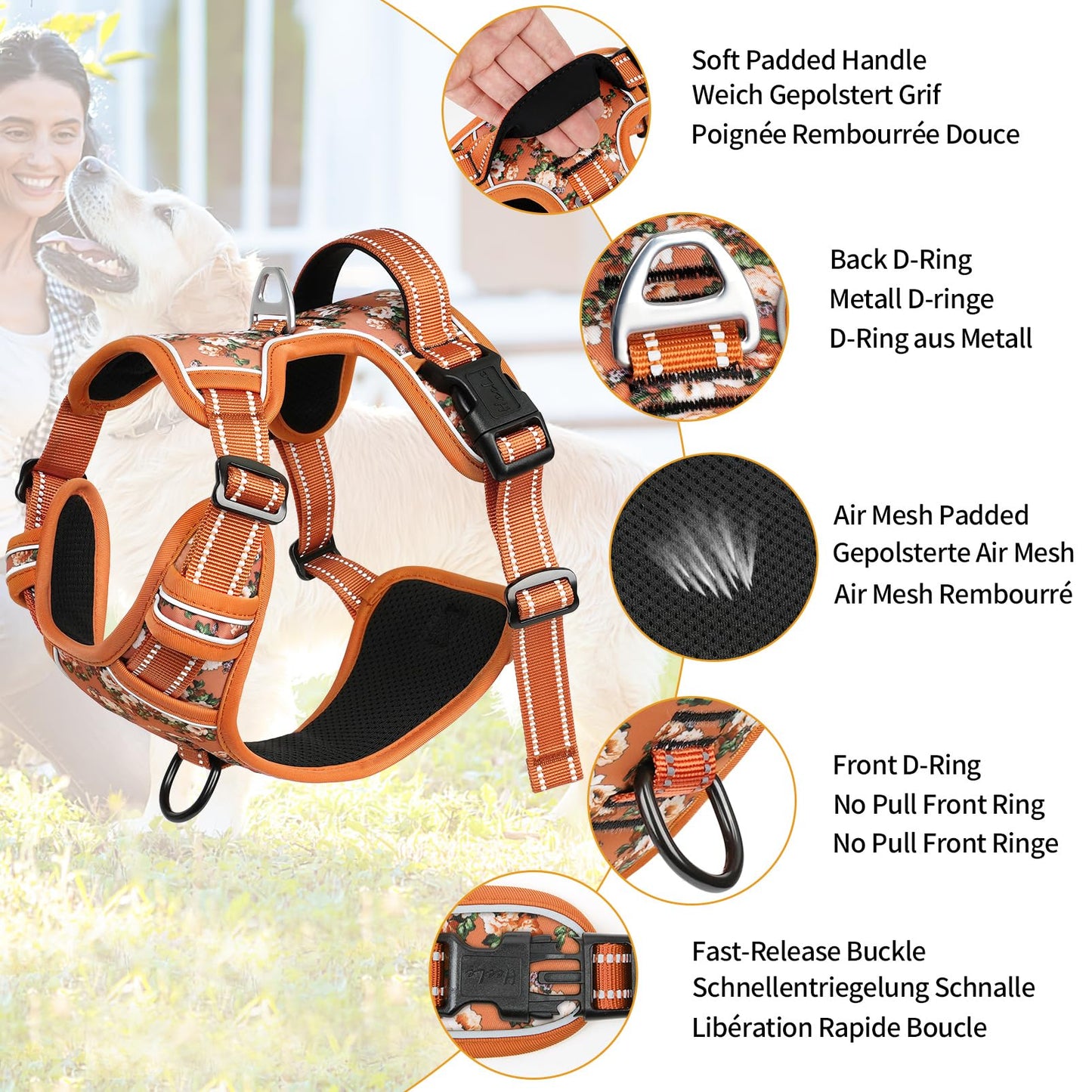 Arnes para Perro Arnes Anti Tirones Transpirable con Agarre Acolchado y Reflectantes Arnés para Perros Easy Safe Arnés para Perro con Bonito Estampado Arnés Perro Pequeños, Flores-Nanranja, S