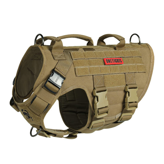 Arnés para perros, X Destroyer Táctico Ajustable Antitracción Arnés Antierrupción Arnés con 3 asas 2 Hebillas de Metal Arnés de Seguridad (Marrón L)